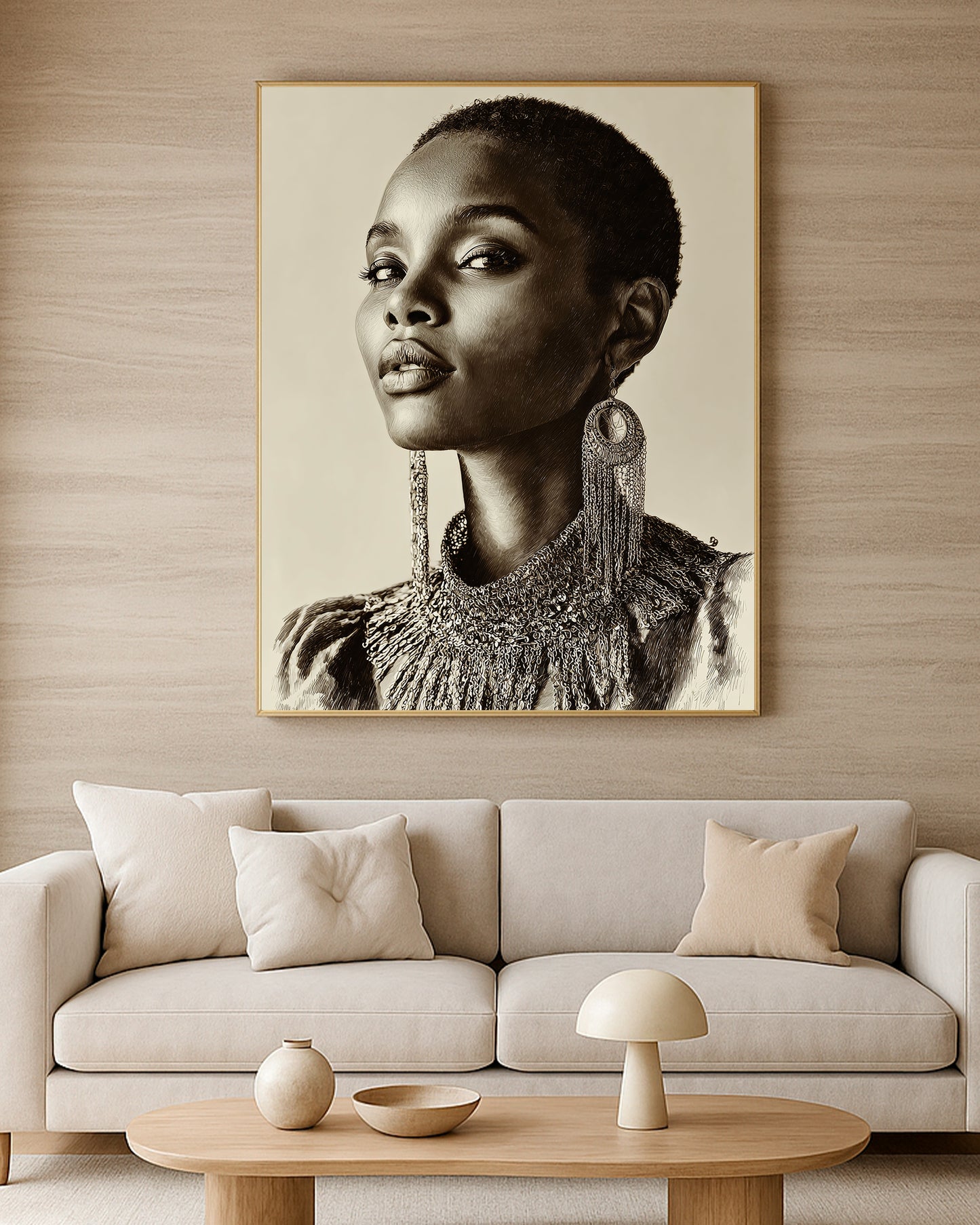 Modern feminine wall art with graceful facial detail, neutral palette, and elegant hand-drawn portrait styling