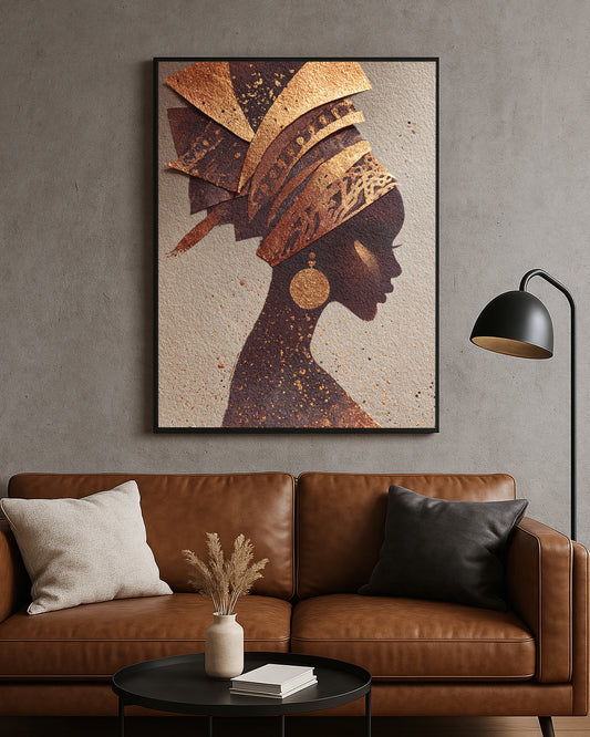 Elegant portrait artwork featuring a dark feminine silhouette with metallic-style gold details and geometric headwrap shapes