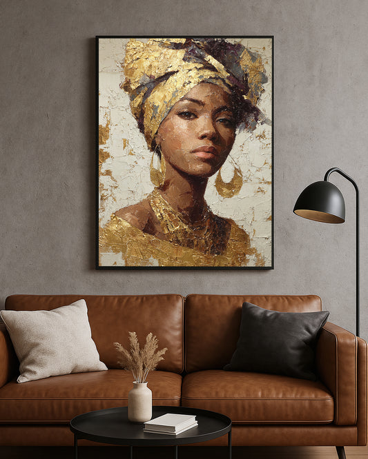 Elegant portrait artwork featuring a woman with statement earrings and rich gold details on a neutral textured background