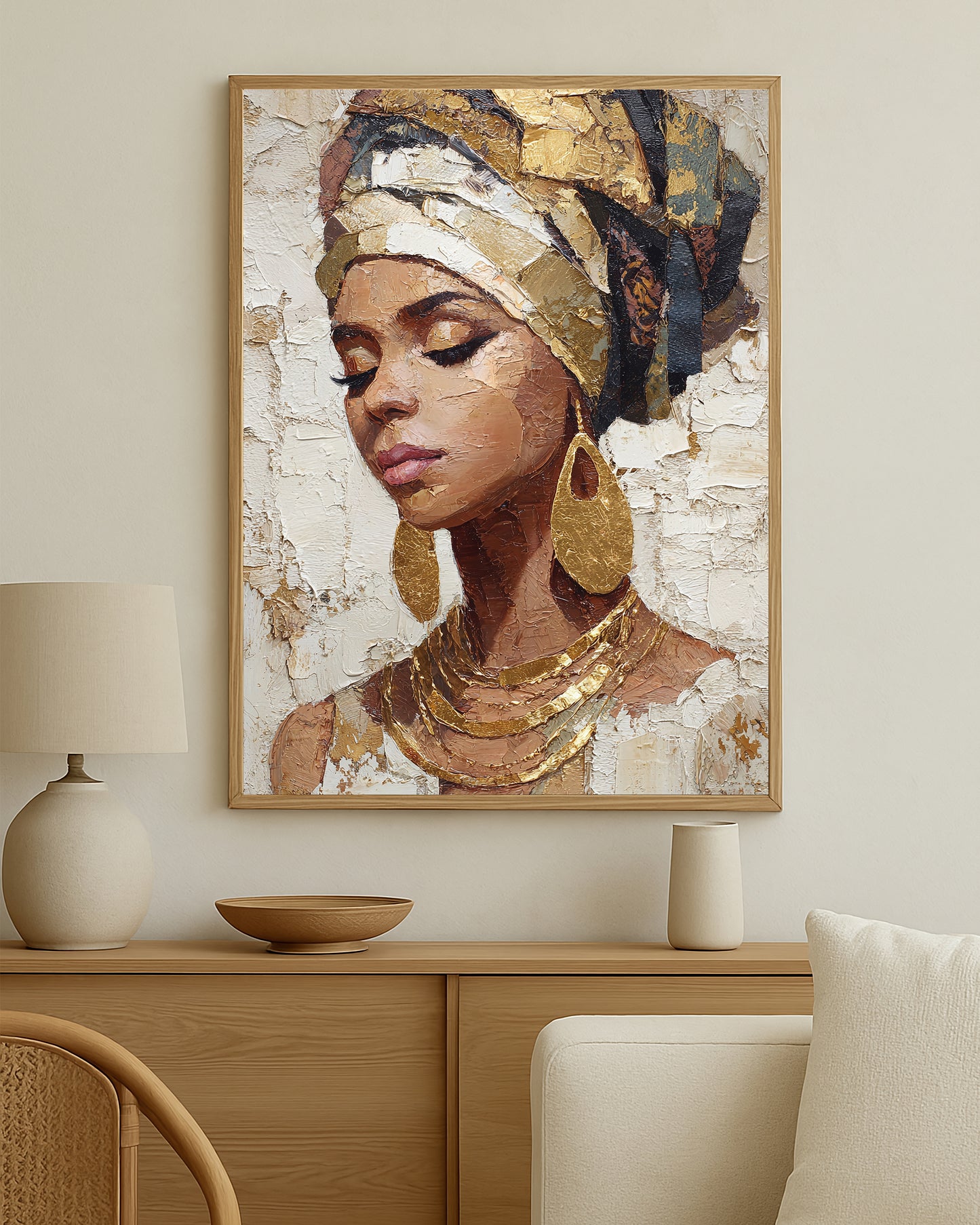 Cultural-inspired feminine wall art with sculptural texture, luminous gold accents, and a refined modern composition