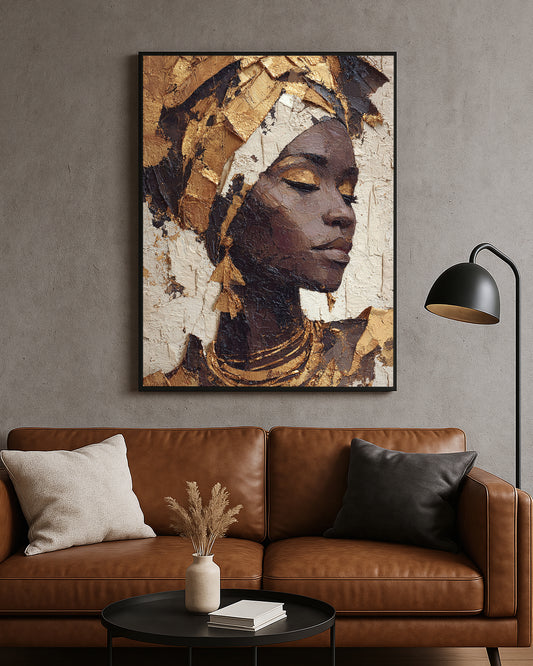 Elegant portrait artwork featuring a woman with closed eyes and rich gold details on a textured neutral background