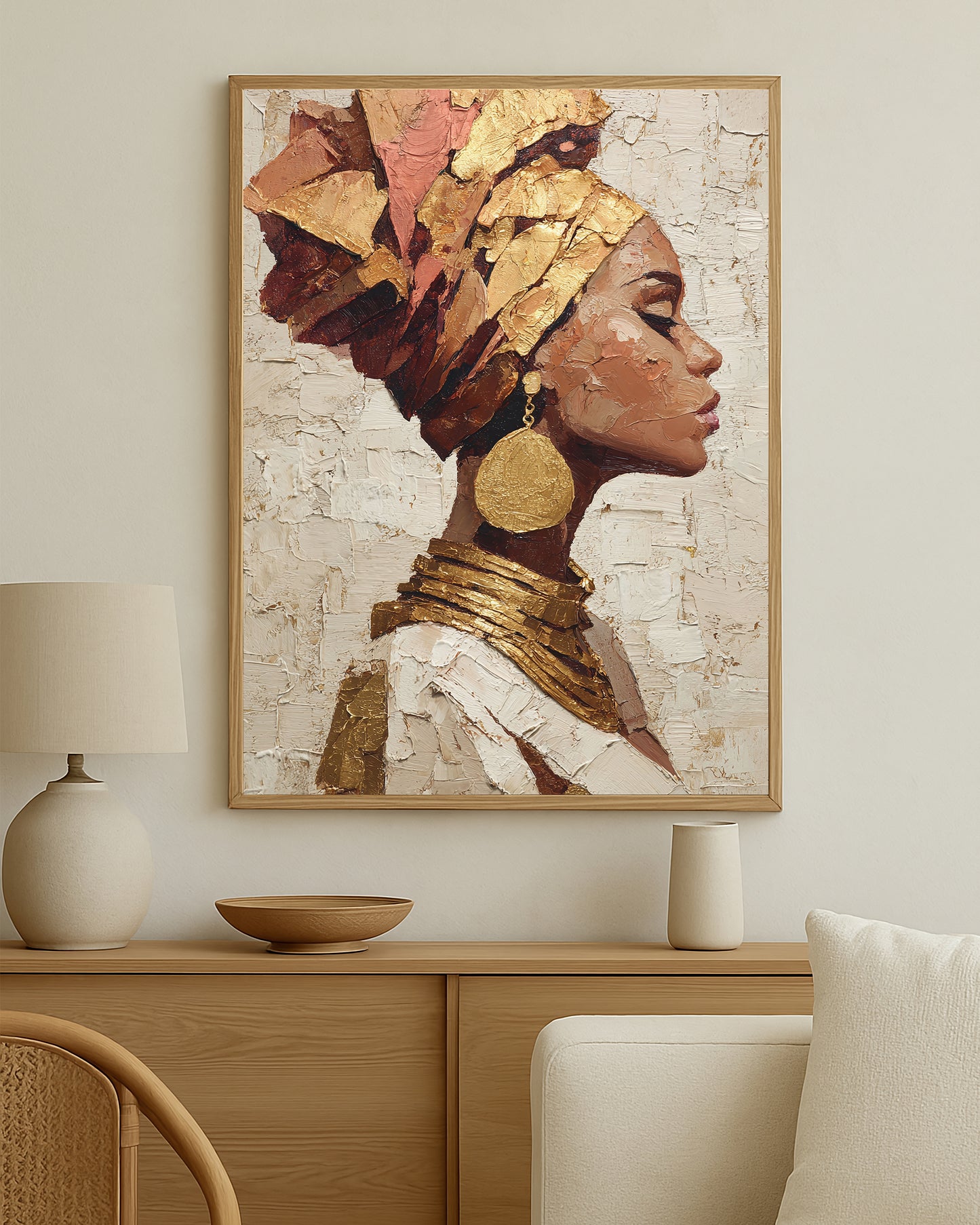 Cultural-inspired feminine wall art with sculptural texture, luminous gold accents, and a refined modern composition
