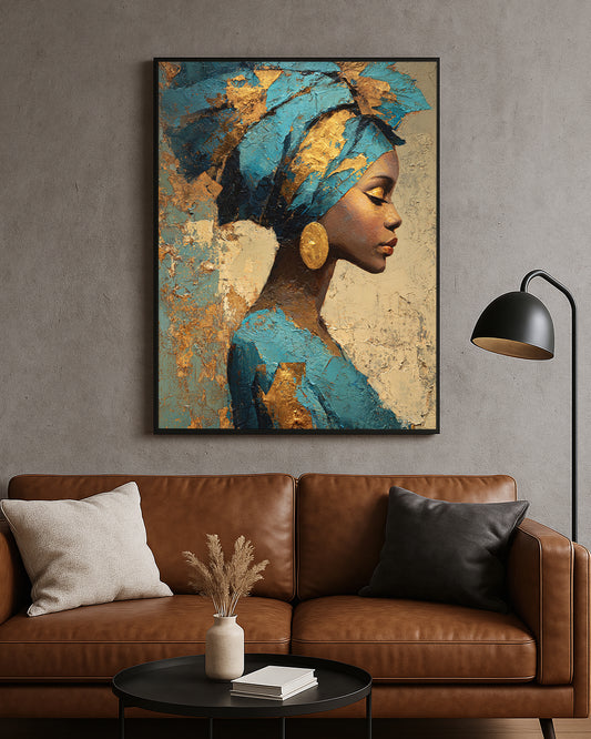 Elegant portrait artwork featuring a woman with rich cobalt blue styling and luminous metallic-style gold accents