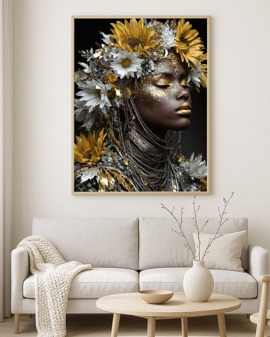 Luxury floral portrait artwork featuring a woman with closed eyes, sunflower crown, ornate jewelry, and shimmering gold makeup