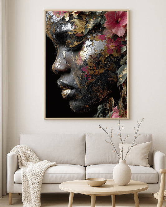 Fashion portrait artwork featuring a woman with metallic-style facial details, oversized circular sunglasses, and dramatic statement accessories