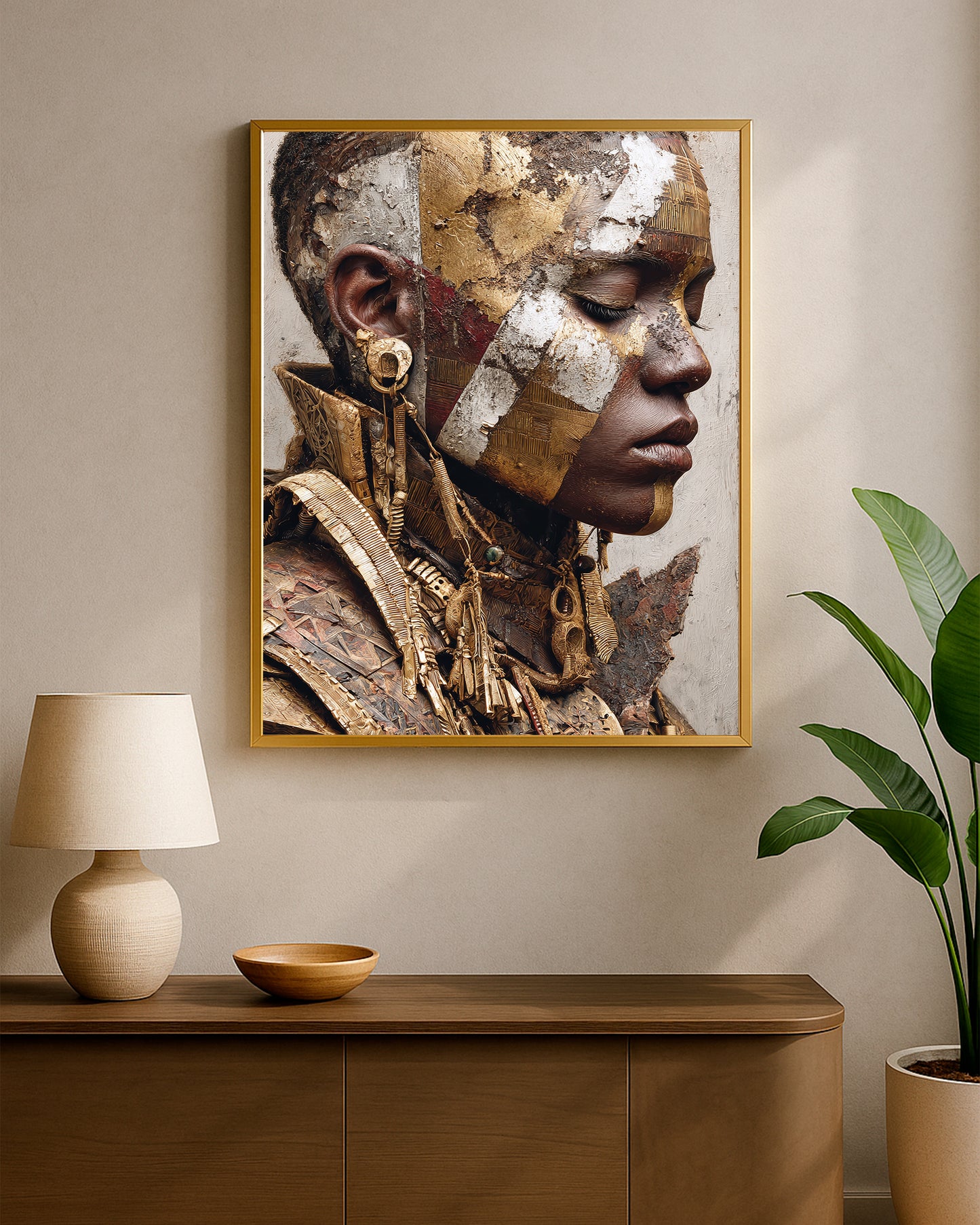 Luxury portrait wall art of a woman with metallic gold and ivory layered facial panels, intricate jewelry, and a softly textured neutral background.