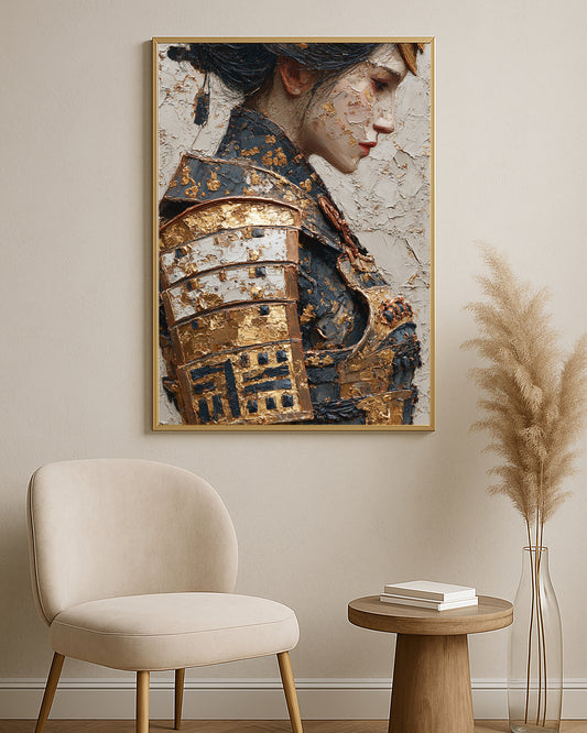 Textured female warrior portrait featuring black garment details, metallic gold armor, and plaster-style texture.