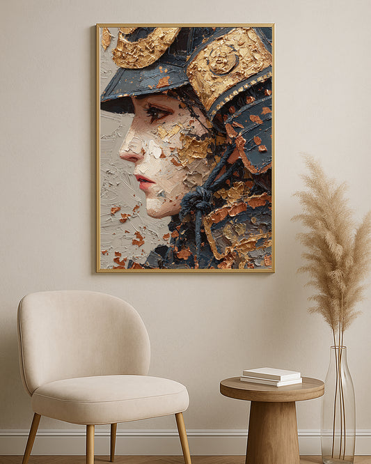 Dramatic warrior profile artwork featuring a dark samurai helmet, raised gold accents, and painterly texture.