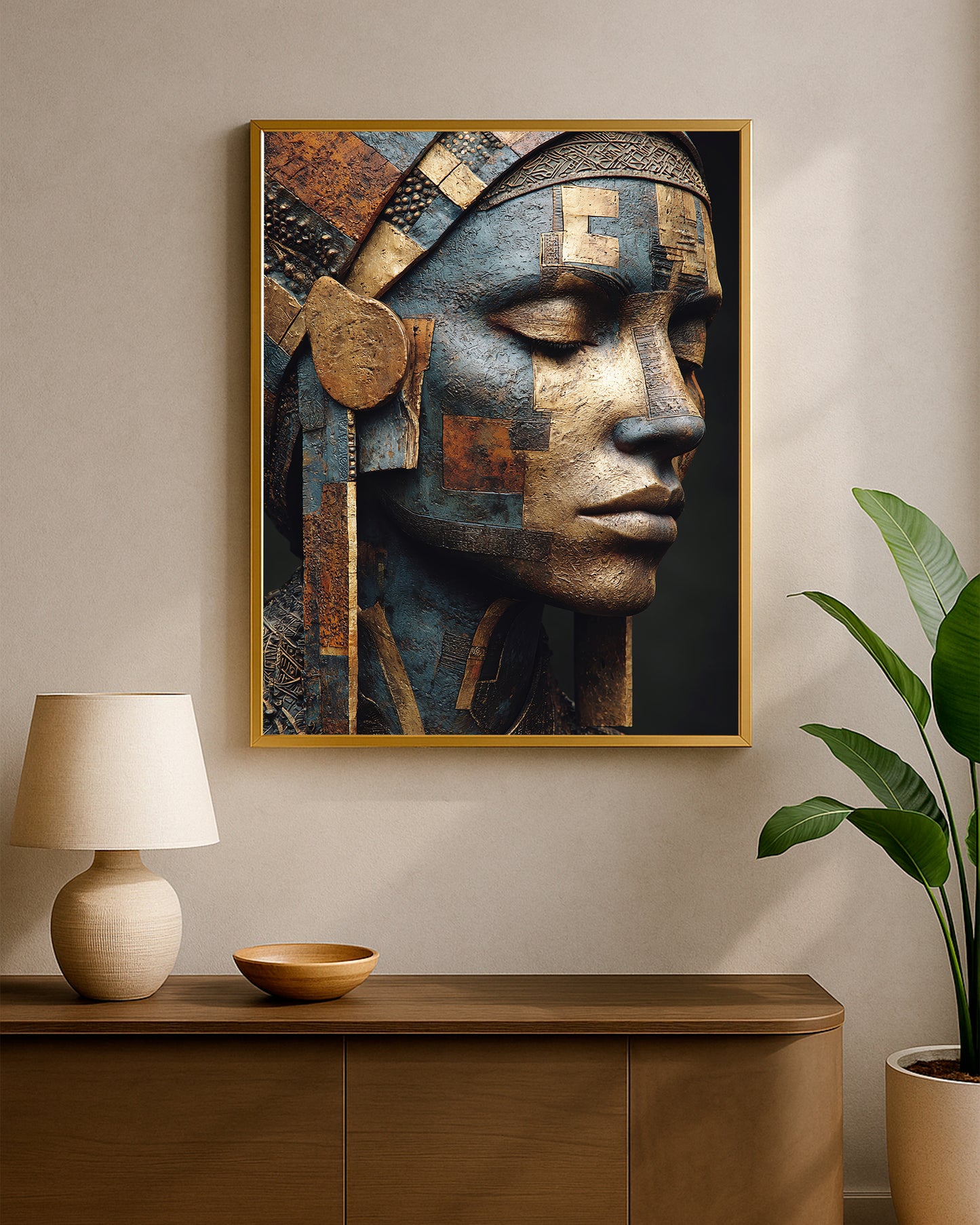 Luxury portrait print of a woman with blue, gold, and bronze layered facial panels, closed eyes, and a richly textured dark background.