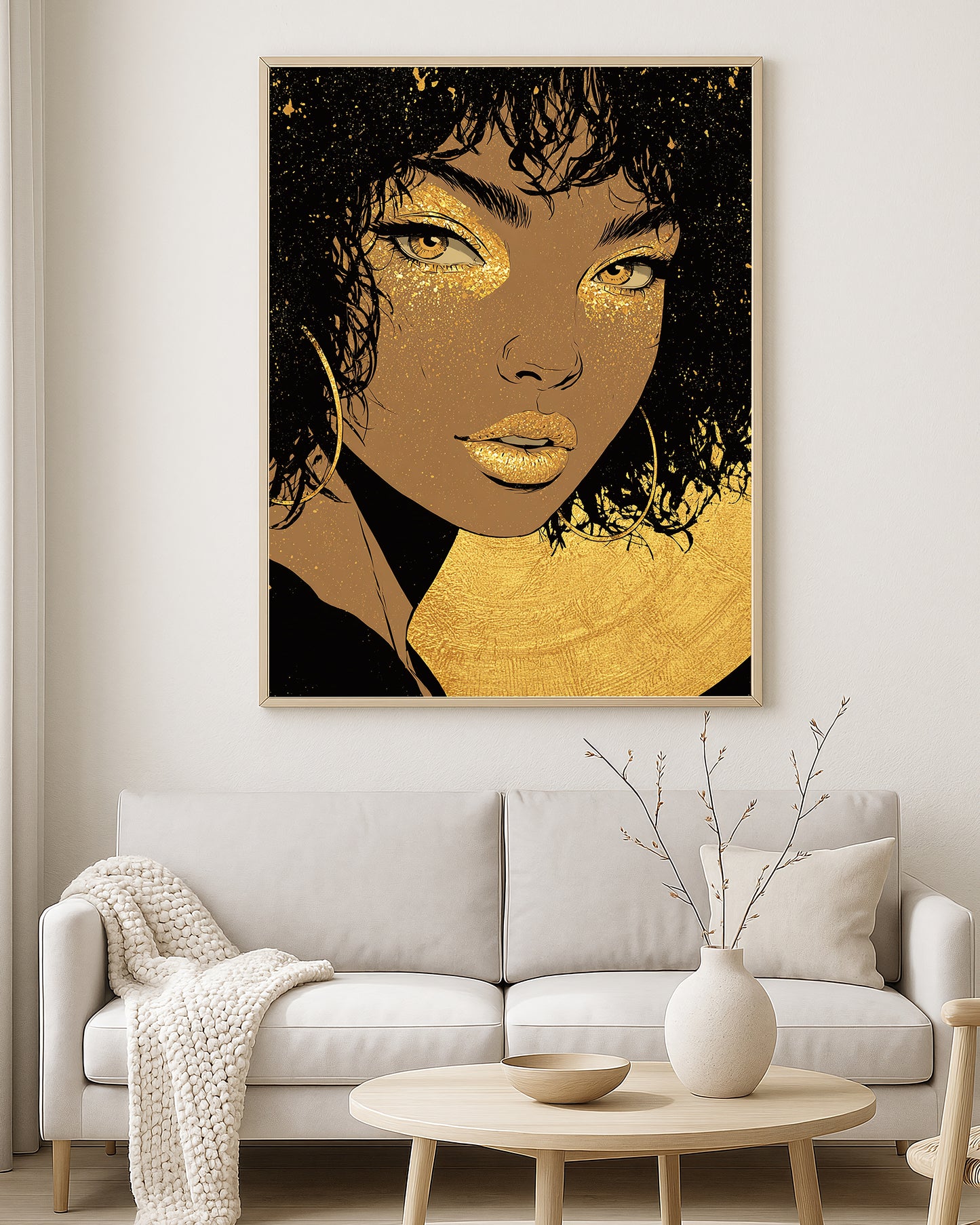 Contemporary portrait artwork featuring a woman with curly dark hair, gold hoop earrings, and dramatic black and gold contrast