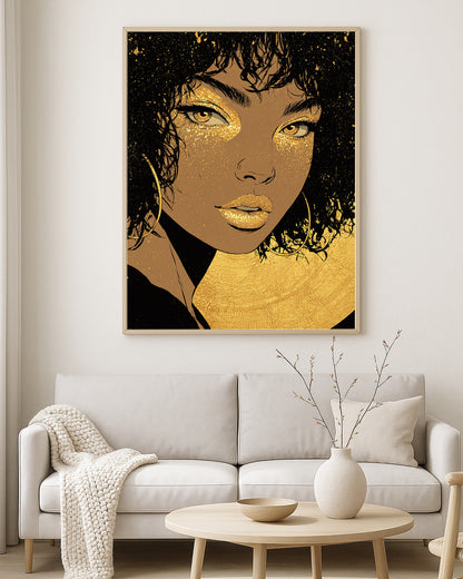 Contemporary portrait artwork featuring a woman with curly dark hair, gold hoop earrings, and dramatic black and gold contrast