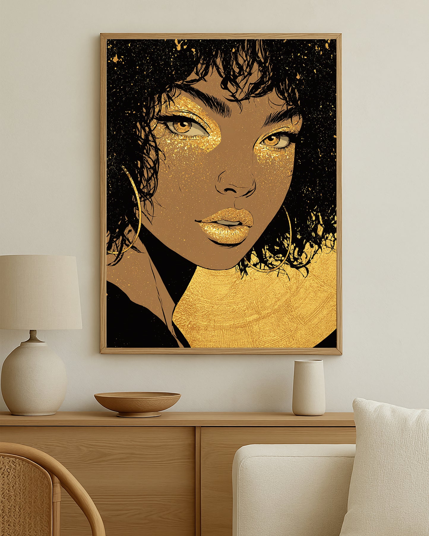 Modern feminine wall art print with luminous gold facial accents against a deep black textured background