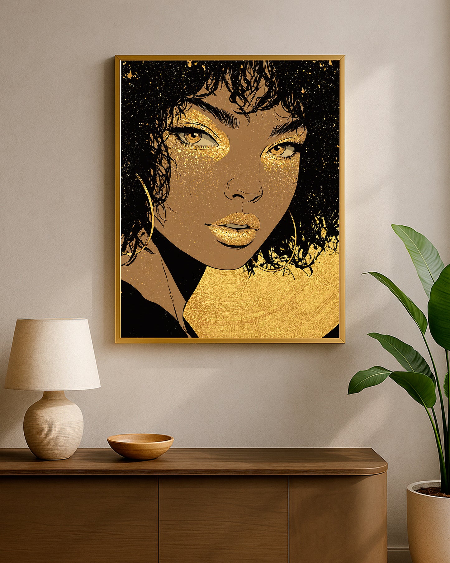 Glam portrait decor showing a stylized woman’s face in gold and black with bold eyes and shimmering details