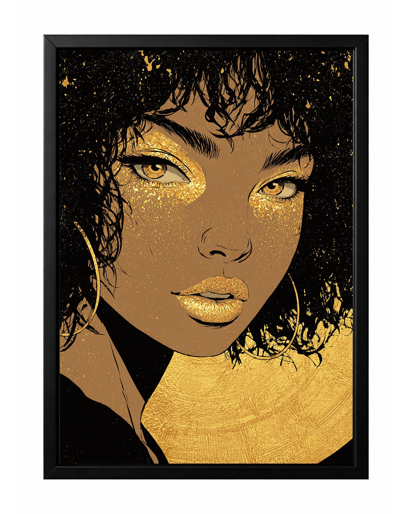 Gold black woman portrait wall art with a close-up face, glittering gold eye details, and metallic-style gold lips