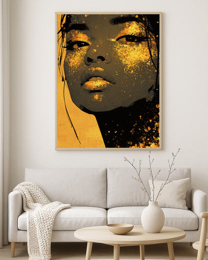 Contemporary portrait artwork featuring a woman with dramatic gold facial accents against a deep black background