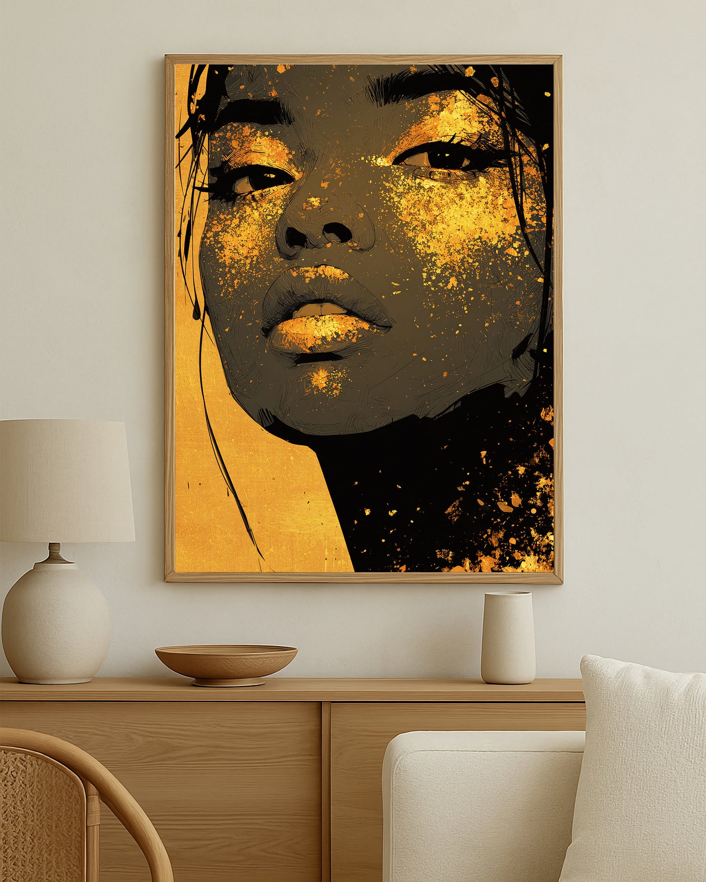 Modern feminine wall art print with luminous gold textures across the eyes, cheeks, lips, and chin