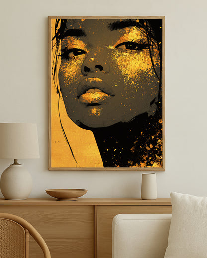 Modern feminine wall art print with luminous gold textures across the eyes, cheeks, lips, and chin