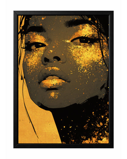 Gold black woman portrait wall art with a close-up face, glittering gold eye details, and metallic-style gold lips