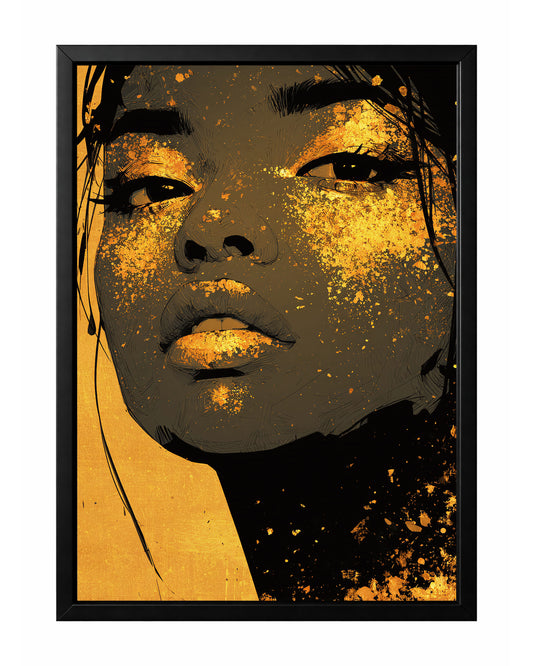 Gold black woman portrait wall art with a close-up face, glittering gold eye details, and metallic-style gold lips