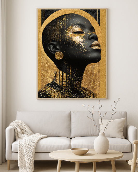 Contemporary portrait artwork featuring a woman in black and gold with a round gold earring and dramatic textured background