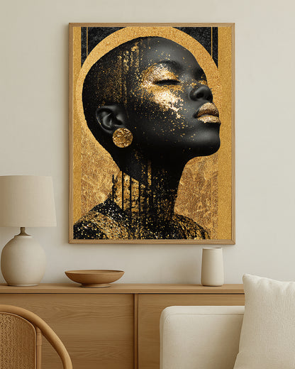 Modern feminine wall art print with luminous gold details across the face and neck in a bold high-contrast composition