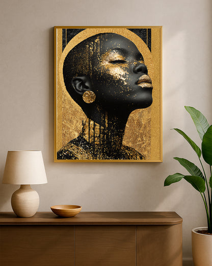 Glam portrait decor showing a stylized woman in profile with gold accents, closed eyes, and elegant fashion-inspired styling