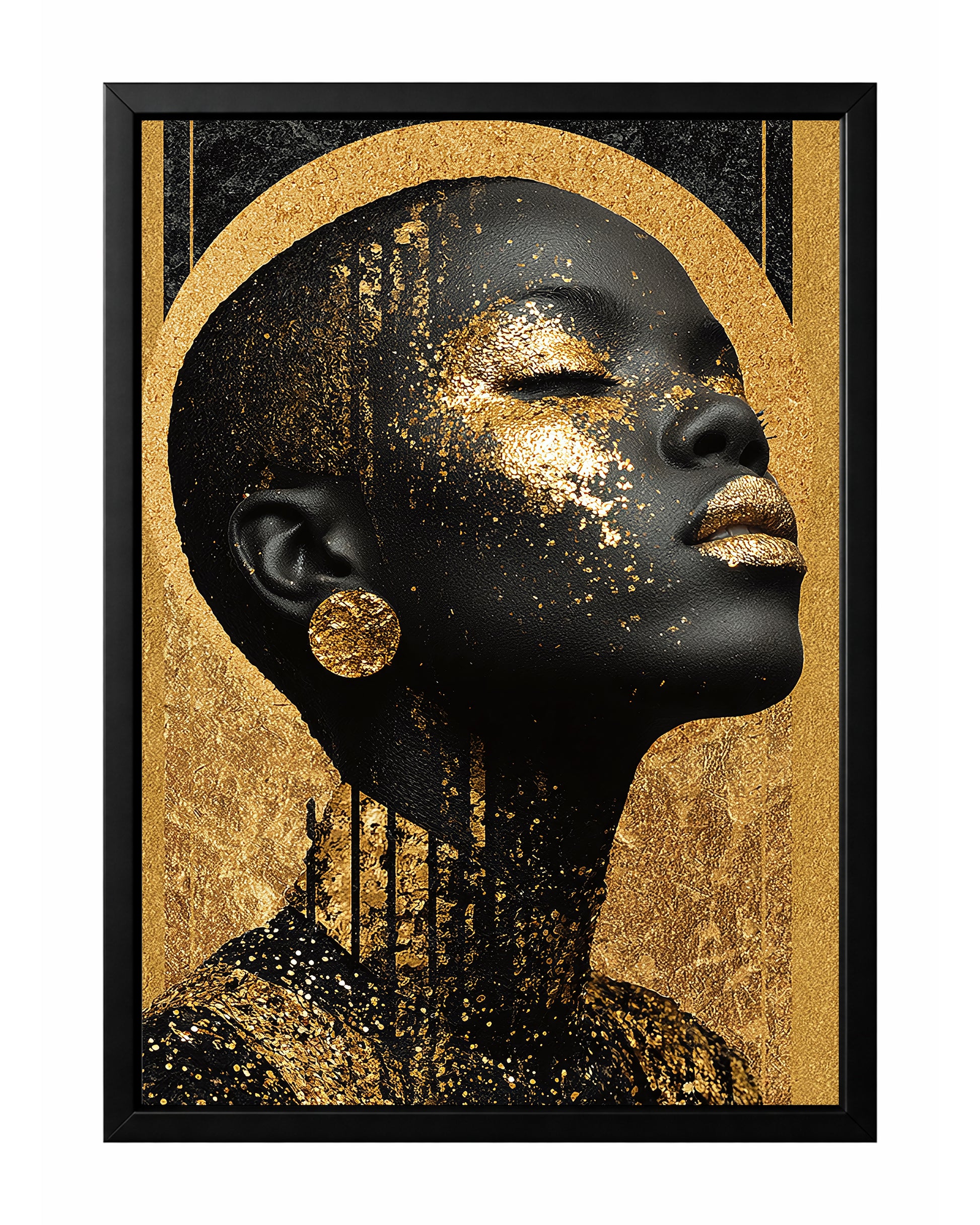Gold black woman portrait wall art with a profile face, closed eyes, metallic-style gold lips, and shimmering gold facial accents