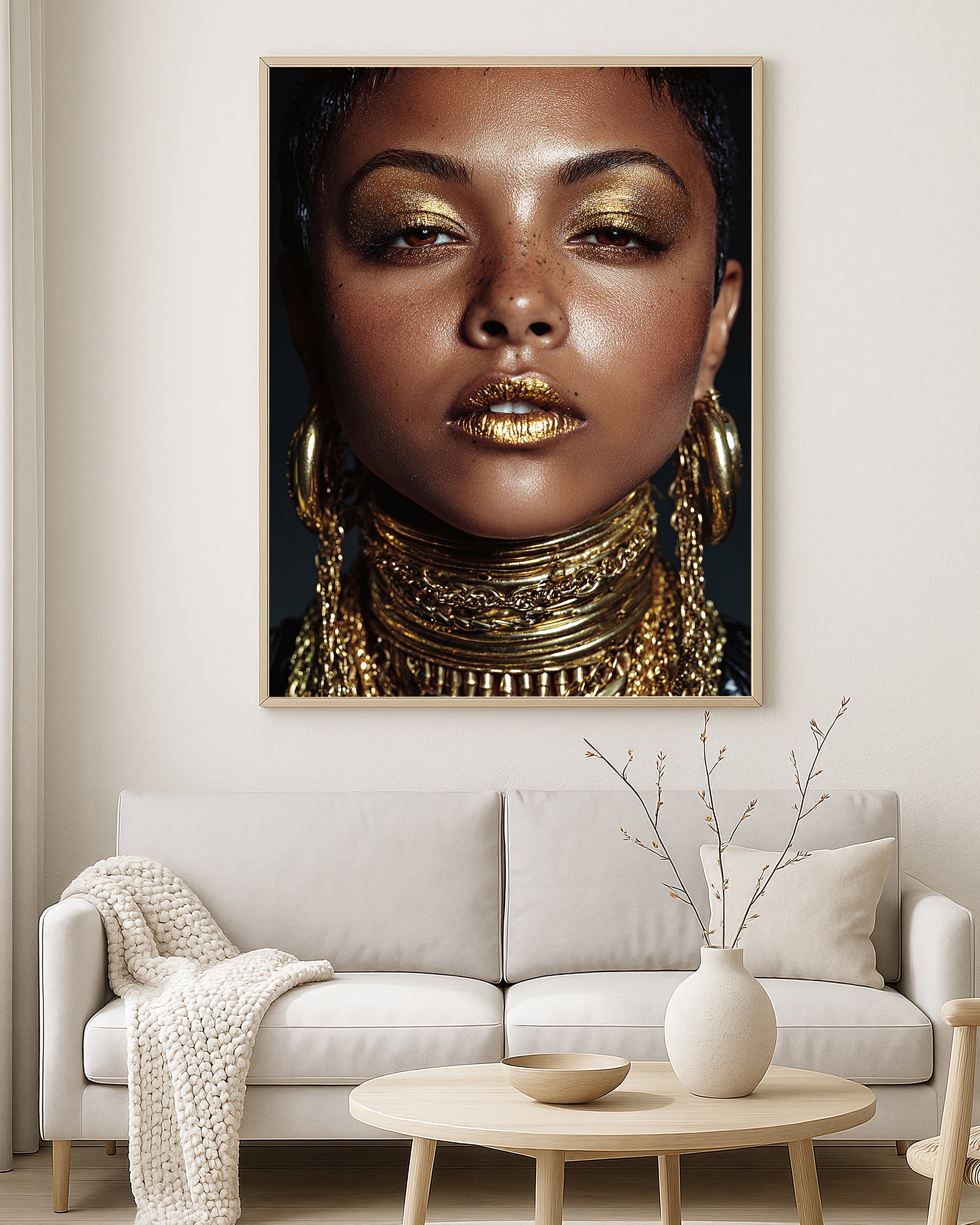 Contemporary beauty portrait artwork featuring a close-up woman’s face with glossy skin, bold gold makeup, and dramatic earrings