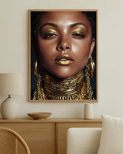Modern feminine wall art print with shimmering gold eyeshadow, gold lips, and richly layered neck jewelry against a dark background