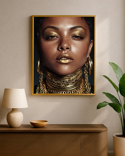Glam portrait decor showing a woman with short dark hair, warm brown skin, and luxurious gold accessories in a high-contrast composition