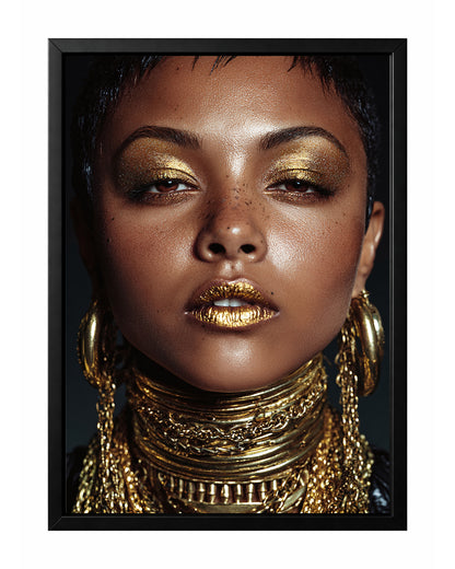 Gold glam woman portrait wall art with luminous gold eye makeup, metallic gold lips, and layered statement jewelry