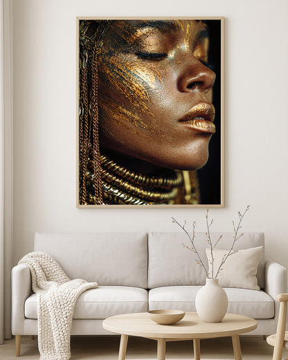 Contemporary beauty portrait artwork featuring a woman in profile with closed eyes, glossy bronze skin, and layered gold jewelry