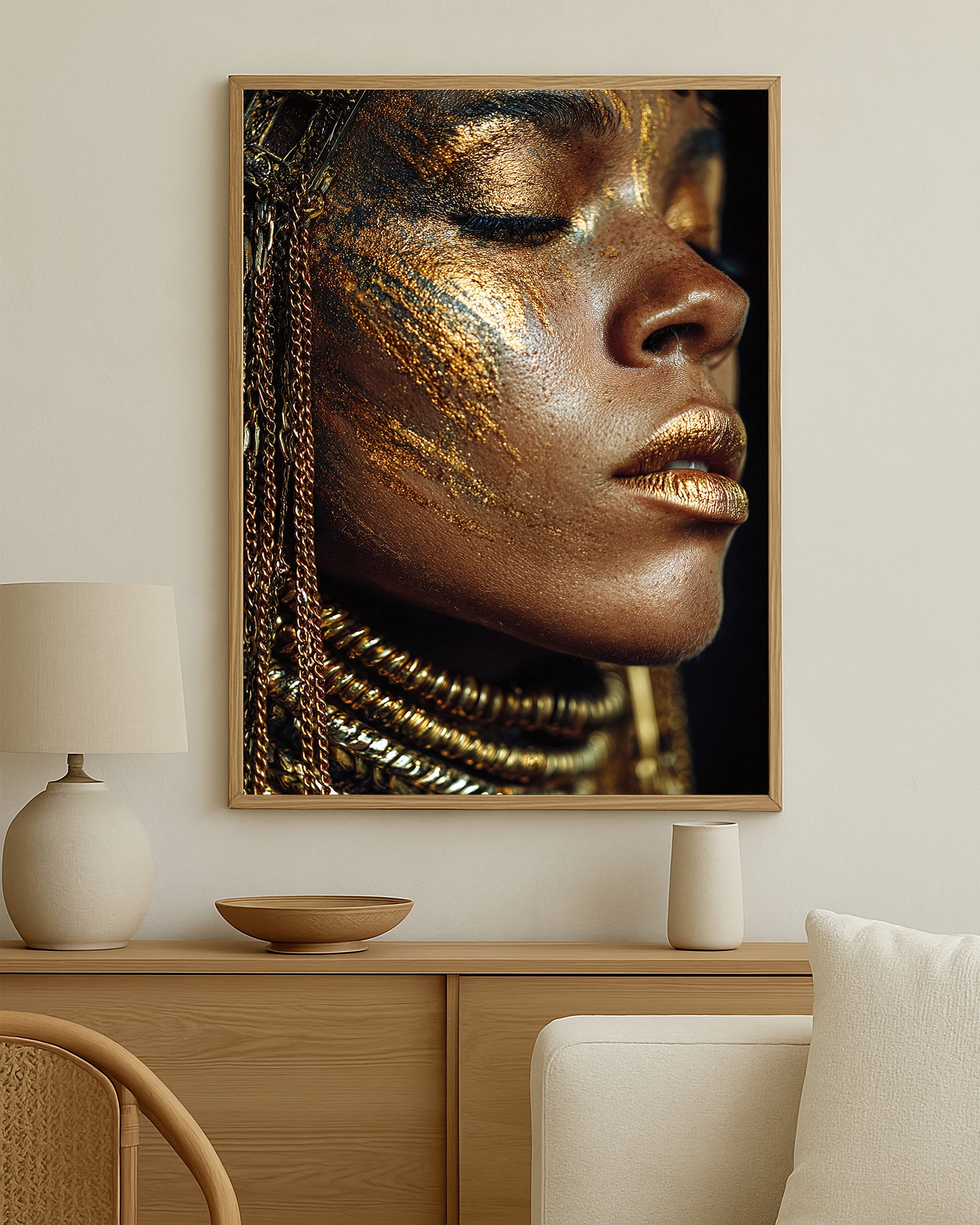 Modern feminine wall art print with luminous gold facial accents, rich dark background, and dramatic statement styling