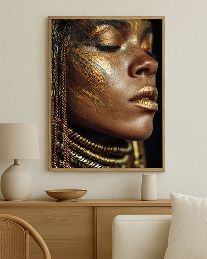 Modern feminine wall art print with luminous gold facial accents, rich dark background, and dramatic statement styling