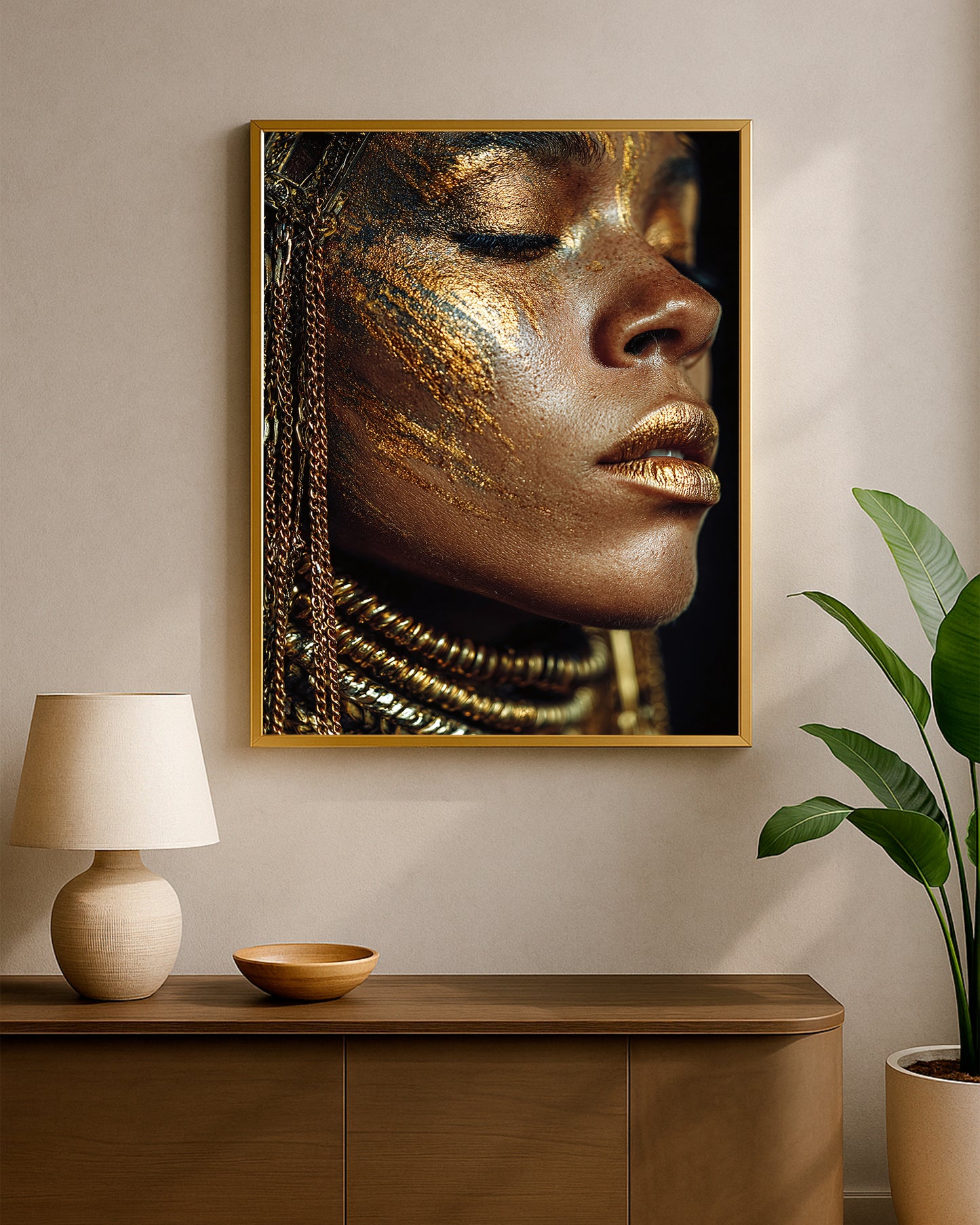Glam portrait decor showing a close-up woman’s face with textured gold makeup, metallic lips, and ornate neck jewelry
