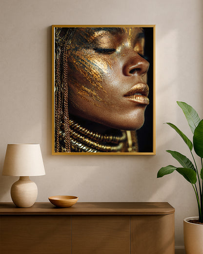 Glam portrait decor showing a close-up woman’s face with textured gold makeup, metallic lips, and ornate neck jewelry