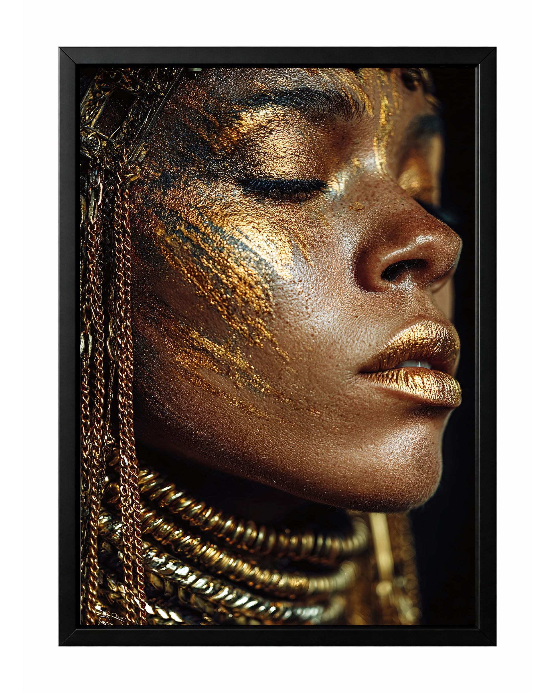 Gold glam woman portrait wall art with metallic gold makeup brushed across the face and shimmering gold lips