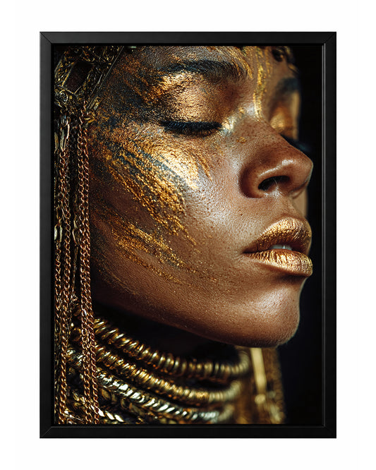 Gold glam woman portrait wall art with metallic gold makeup brushed across the face and shimmering gold lips