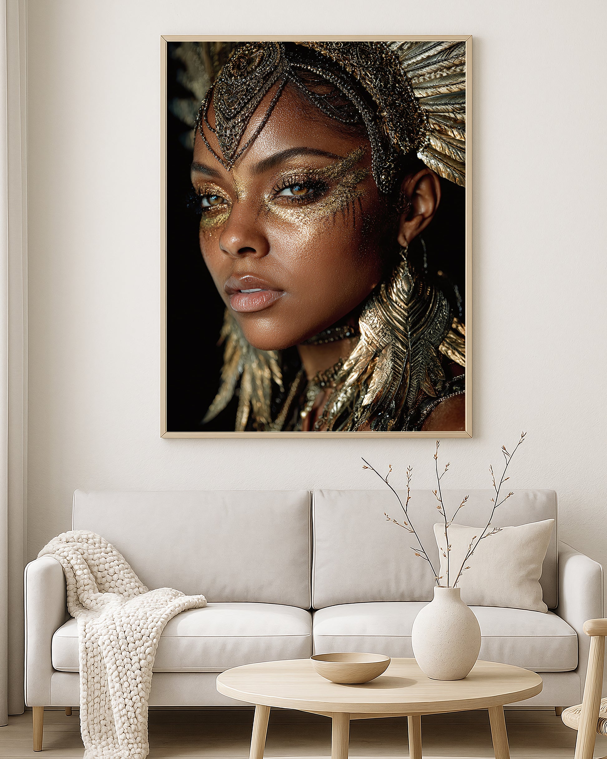 Contemporary beauty portrait artwork featuring a close-up woman’s face with bronze skin, gold accents, and dramatic statement accessories