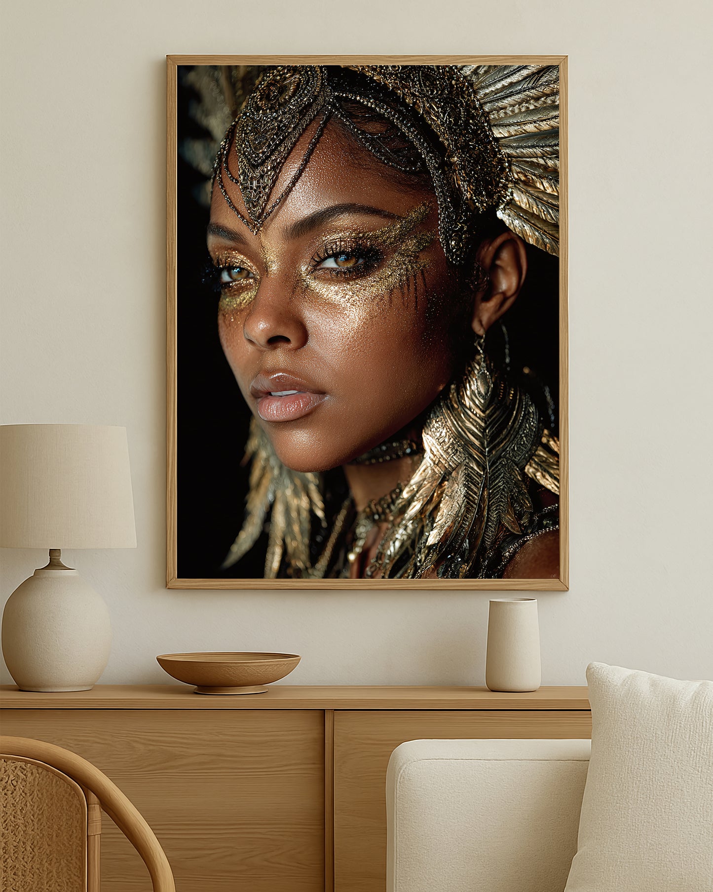 Modern feminine wall art print with shimmering gold eye detail, intricate jewelry, and a rich dark background