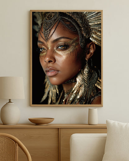 Modern feminine wall art print with shimmering gold eye detail, intricate jewelry, and a rich dark background