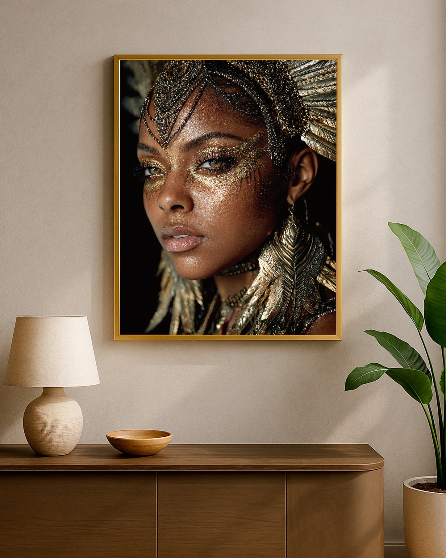 Glam portrait decor showing a woman with warm brown skin, sculptural metallic adornments, and refined luxury styling