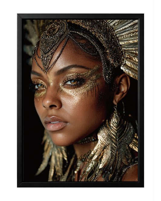 Gold glam woman portrait wall art with luminous gold eye makeup, ornate feather-inspired jewelry, and an elaborate metallic-style headpiece