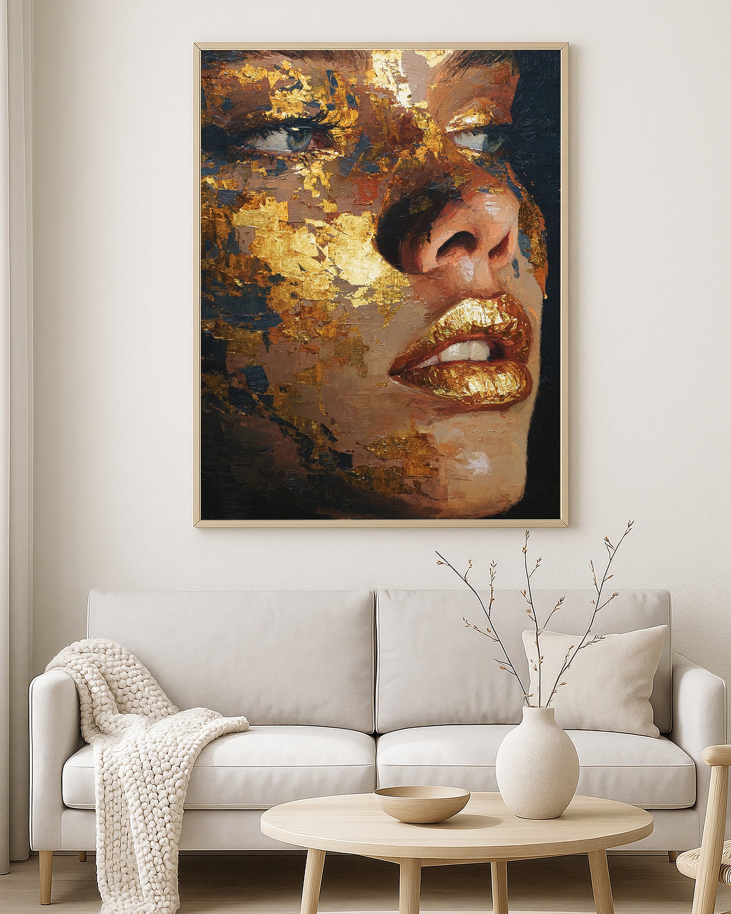 Contemporary portrait artwork featuring a woman with luminous gold eye detail and bold painterly black, bronze, and cream contrast