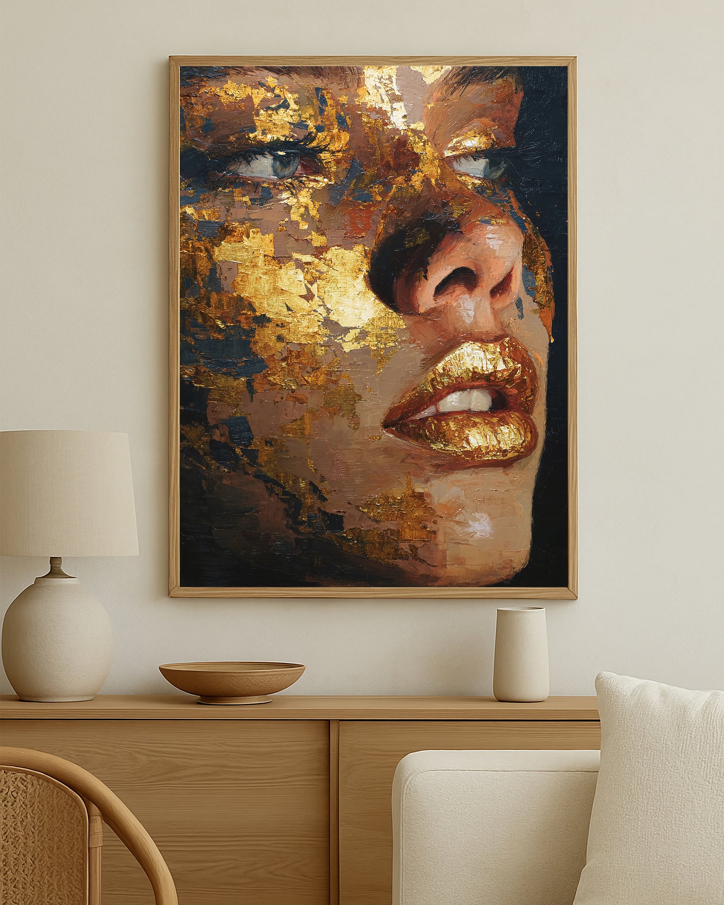 Modern feminine wall art print with layered gold leaf-style textures across the face and shimmering gold lips