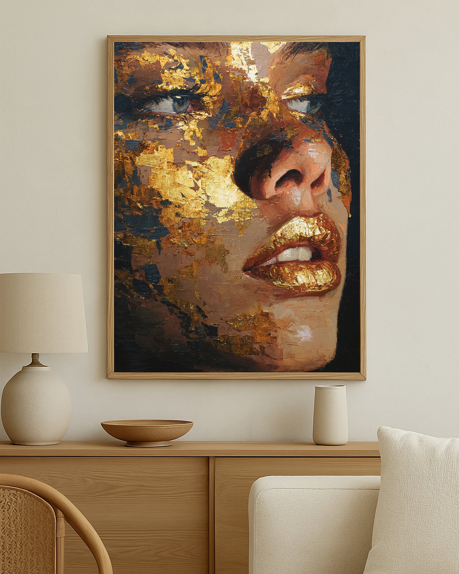 Modern feminine wall art print with layered gold leaf-style textures across the face and shimmering gold lips