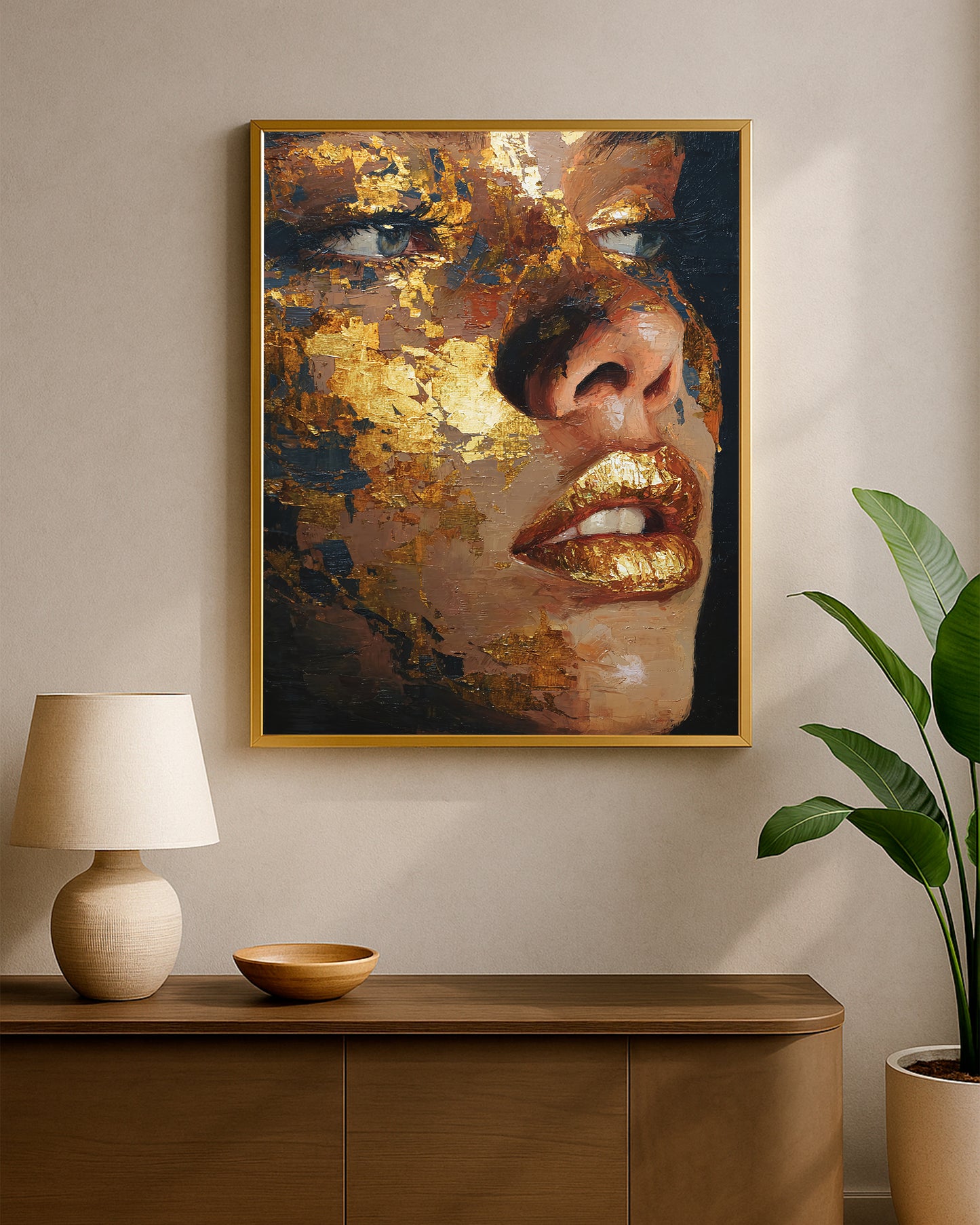 Glam portrait decor showing a dramatic close-up woman’s face with expressive brushwork and luxurious metallic gold details