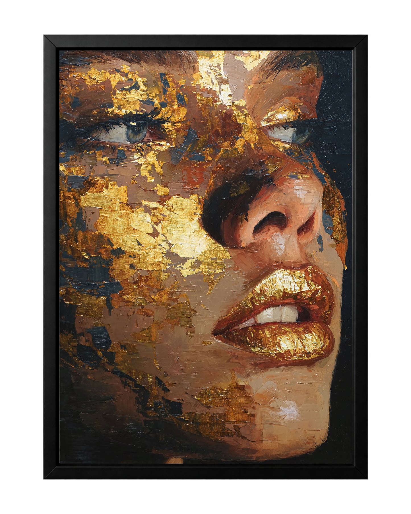 Gold black woman portrait wall art with a close-up face, metallic-style gold lips, and richly textured gold accents across the skin