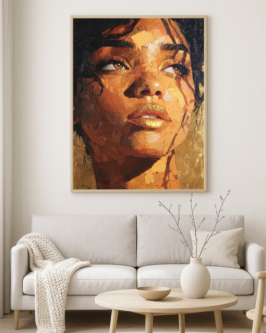 Contemporary beauty portrait artwork featuring a close-up woman’s face in warm bronze and amber tones with a gold background