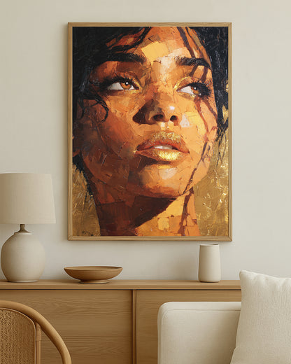 Modern feminine wall art print with expressive painterly brushwork, glowing gold lips, and dramatic eye detail